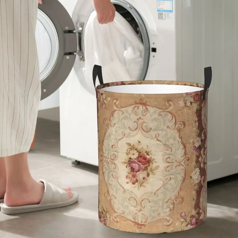 Aubusson Tapestry Printed Laundry Basket │ Foldable French Motif Decorative Hamper Organizer