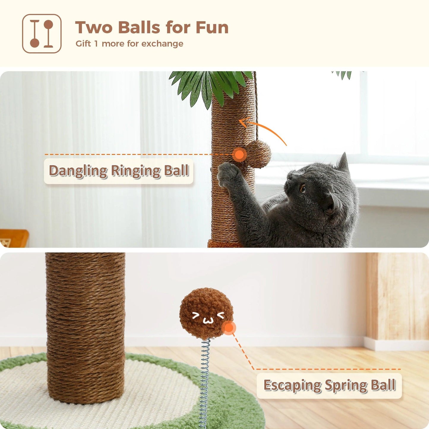 Arbre à chat tropical en sisal avec boule suspendue | Jouet griffoir pour chat adapté aux animaux