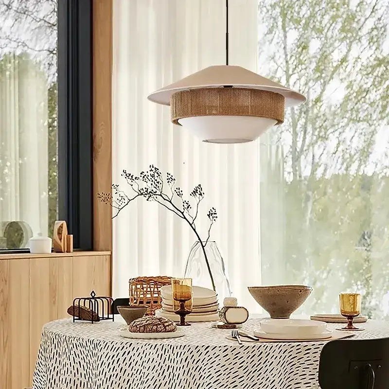 Japandi White Cloth Rattan Hemp Rope Pendant Ceiling Lamp Light - Besontique Home