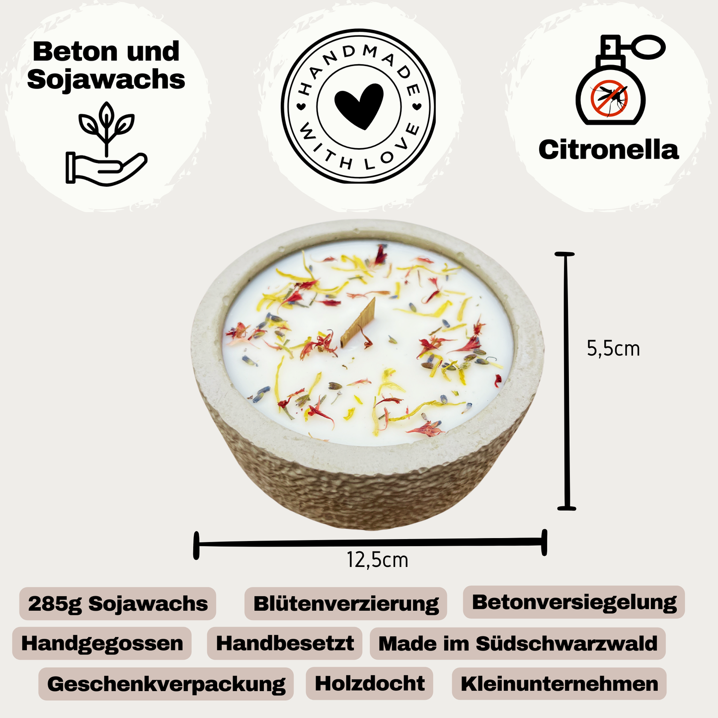 Limitierte Einzelstücke: Outdoor Citronella-Betonkerze „Mugge Schreck“ – Handgemachter Insektenschutz aus dem Südschwarzwald mit Blütenverzierung - Besontique Home