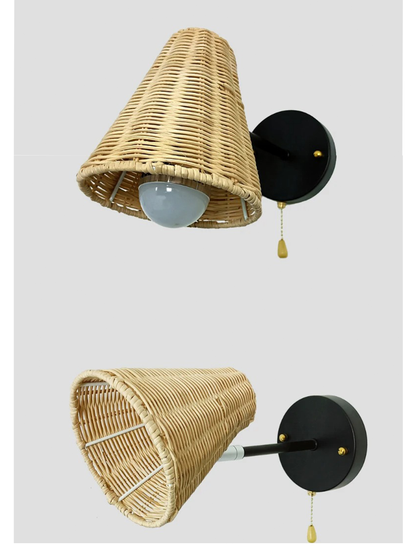 Rattan Hand-Woven Bedside Wall Lighting Lamp │ Modern Retro Rotatable Wall Light