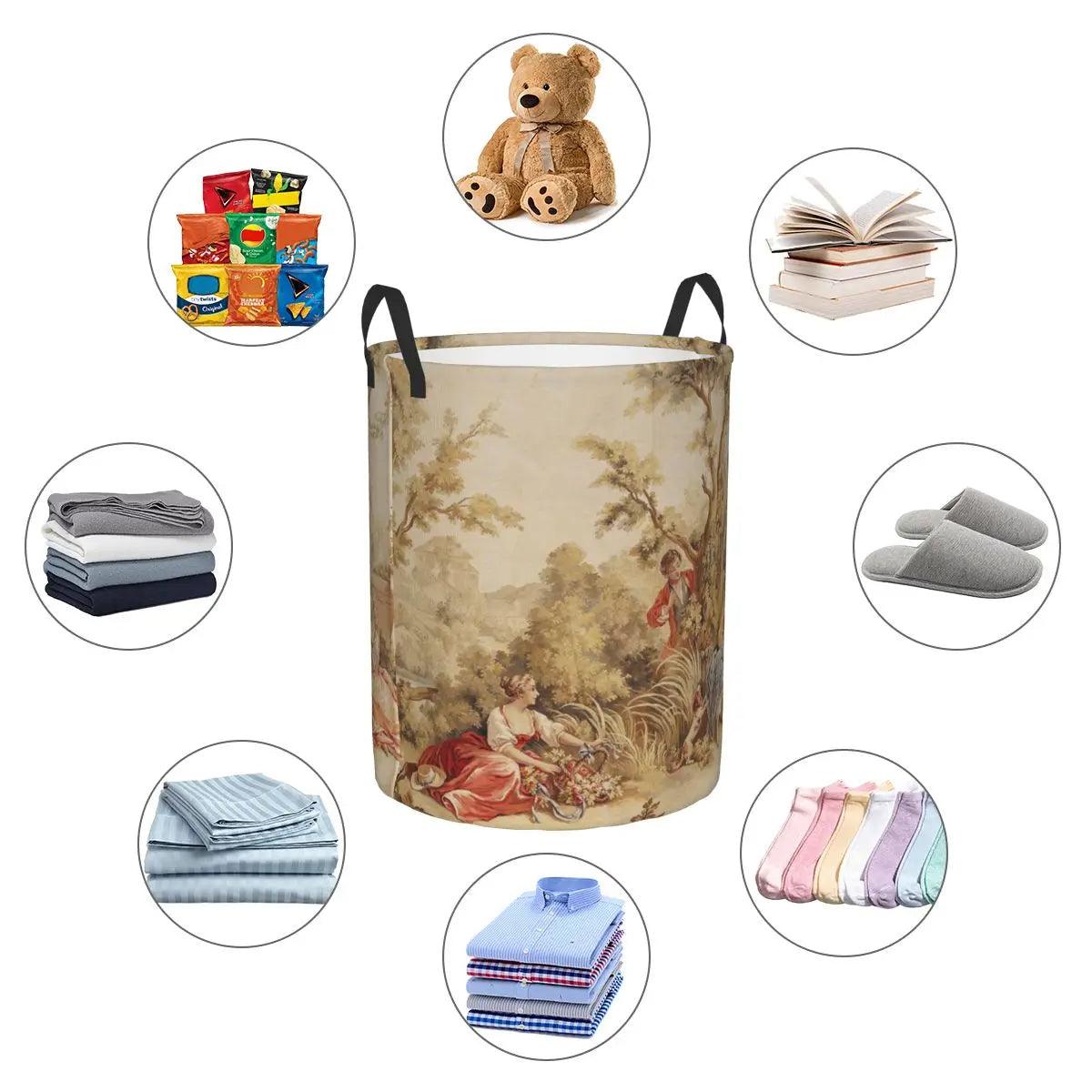 Aubusson Tapestry Printed Laundry Basket │ Foldable French Motif Decorative Hamper Organizer - Besontique Home
