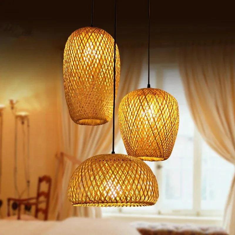 Bamboo Hanging Ceiling Lamp 3 Set │ Handmade Wooden Ratten Lighting For Home Decoration - Besontique Home
