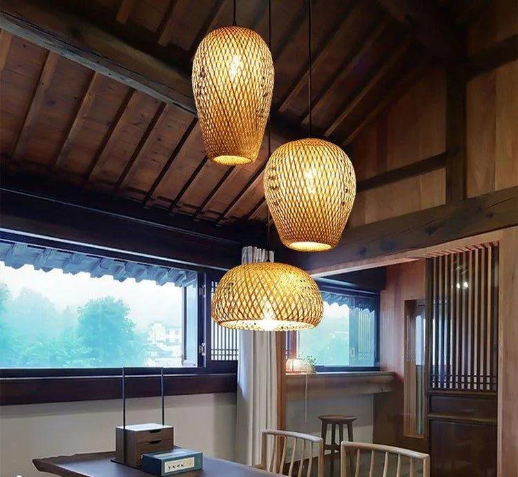Bamboo Hanging Ceiling Lamp 3 Set │ Handmade Wooden Ratten Lighting For Home Decoration - Besontique Home