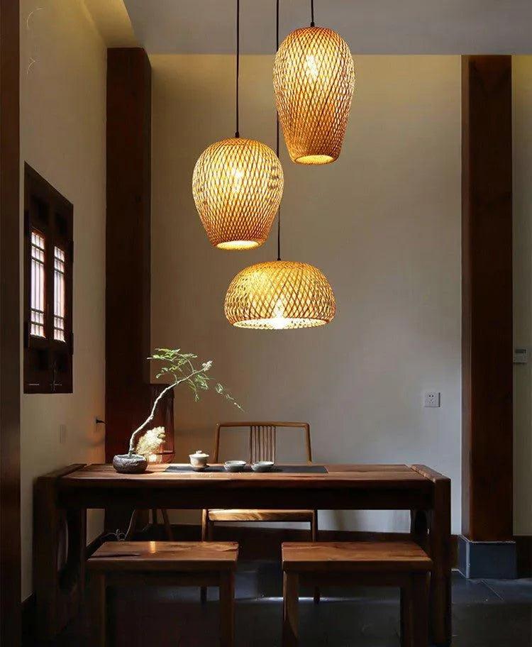 Bamboo Hanging Ceiling Lamp 3 Set │ Handmade Wooden Ratten Lighting For Home Decoration - Besontique Home