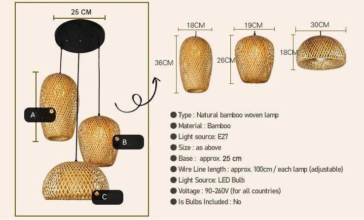 Bamboo Hanging Ceiling Lamp 3 Set │ Handmade Wooden Ratten Lighting For Home Decoration - Besontique Home