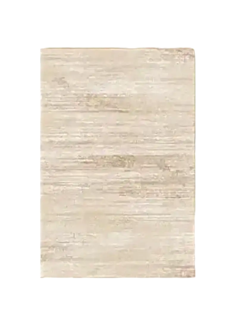 Beige area rug with a textured pattern on a white background
