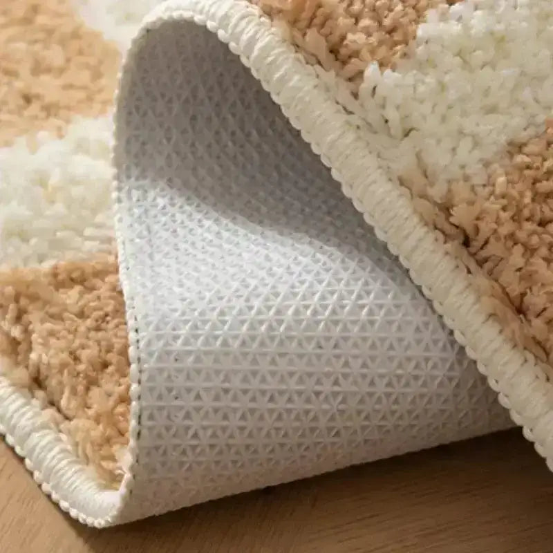 Beige Skyblue Plaid Bedroom Tufted Rug │ Chessboard Pattern Anti Slip Fluffy Bathroom Floor Mat - Besontique Home