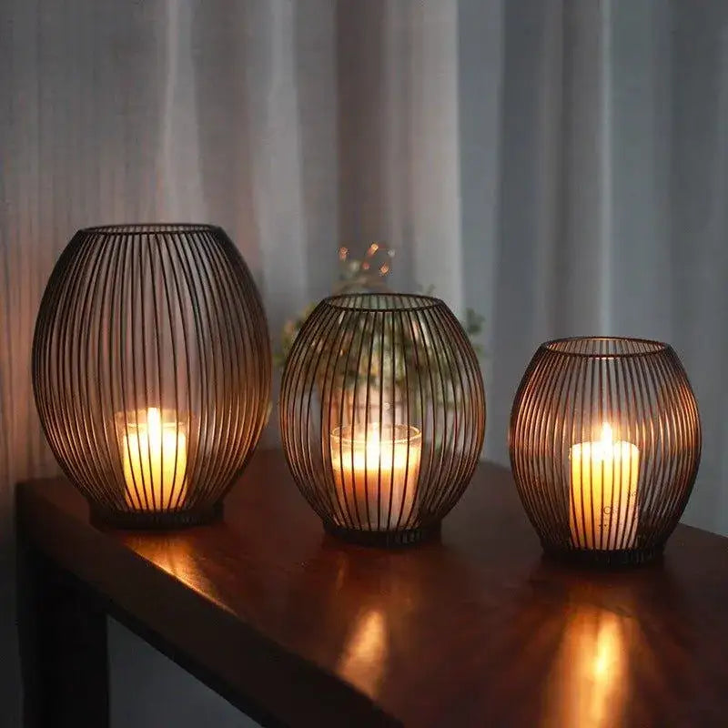 black-hollow-metal-candle-holder-lantern-geometric-shape-candle-stand-besontique-home-27615 - Besontique Home