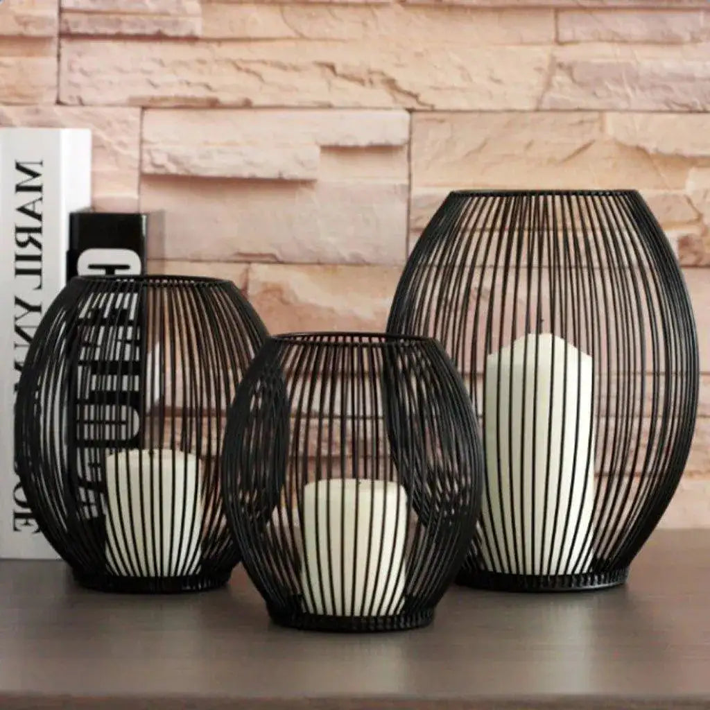 black-hollow-metal-candle-holder-lantern-geometric-shape-candle-stand-besontique-home-33524 - Besontique Home