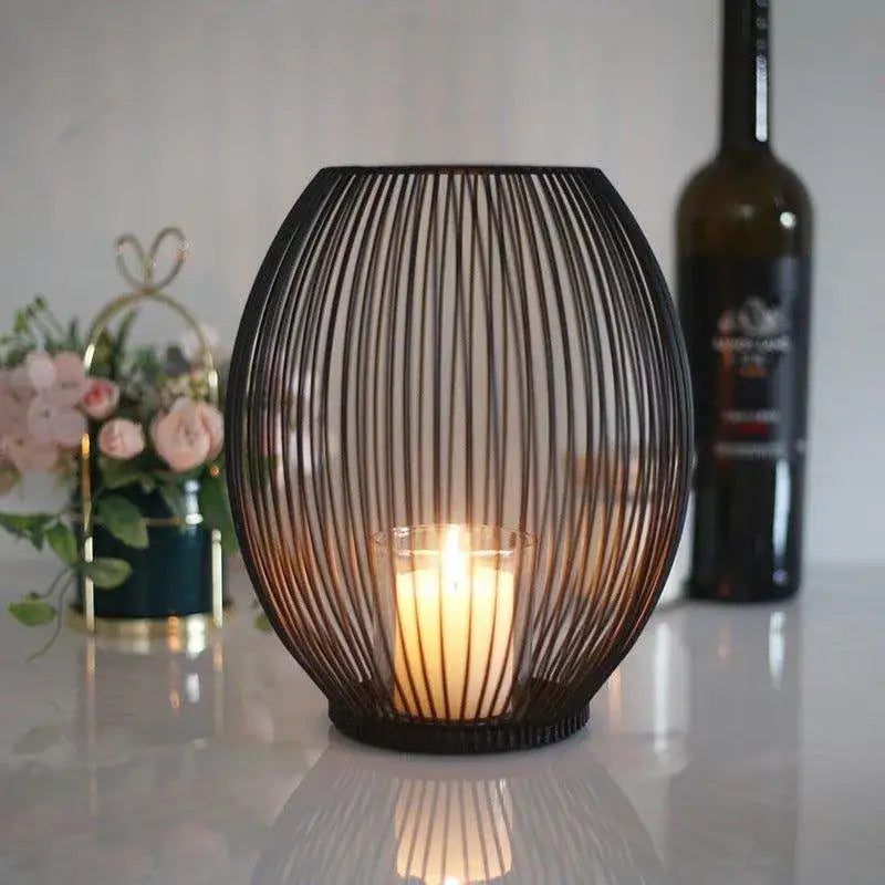 black-hollow-metal-candle-holder-lantern-geometric-shape-candle-stand-besontique-home-41579 - Besontique Home