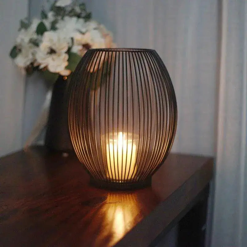 black-hollow-metal-candle-holder-lantern-geometric-shape-candle-stand-besontique-home-45303 - Besontique Home