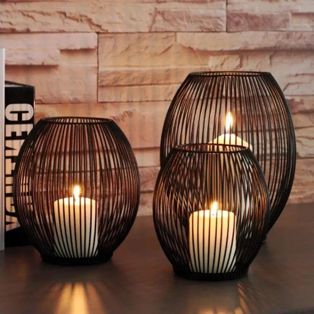 black-hollow-metal-candle-holder-lantern-geometric-shape-candle-stand-besontique-home-85891 - Besontique Home