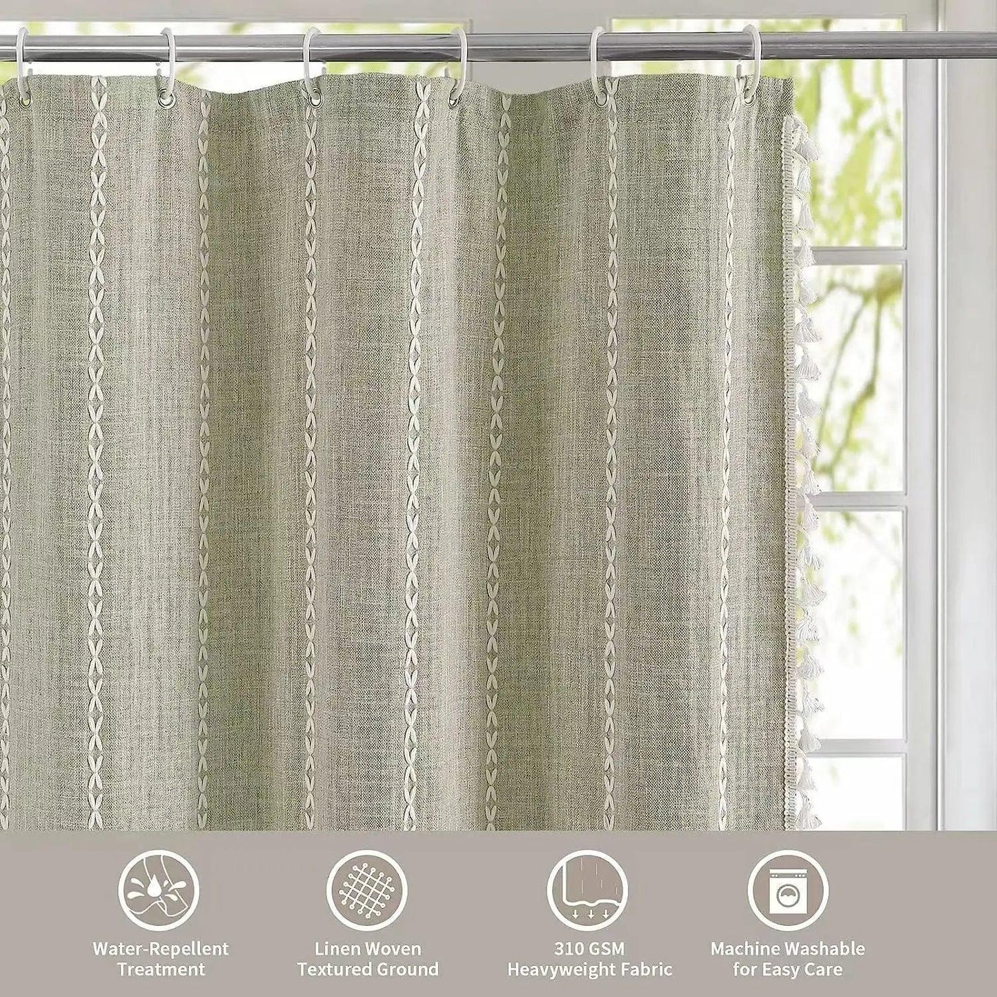 Bohemian Heavy Linen Shower Curtain with Tassel (1 pcs) │ For Modern Style Bathroom Decor - Besontique Home