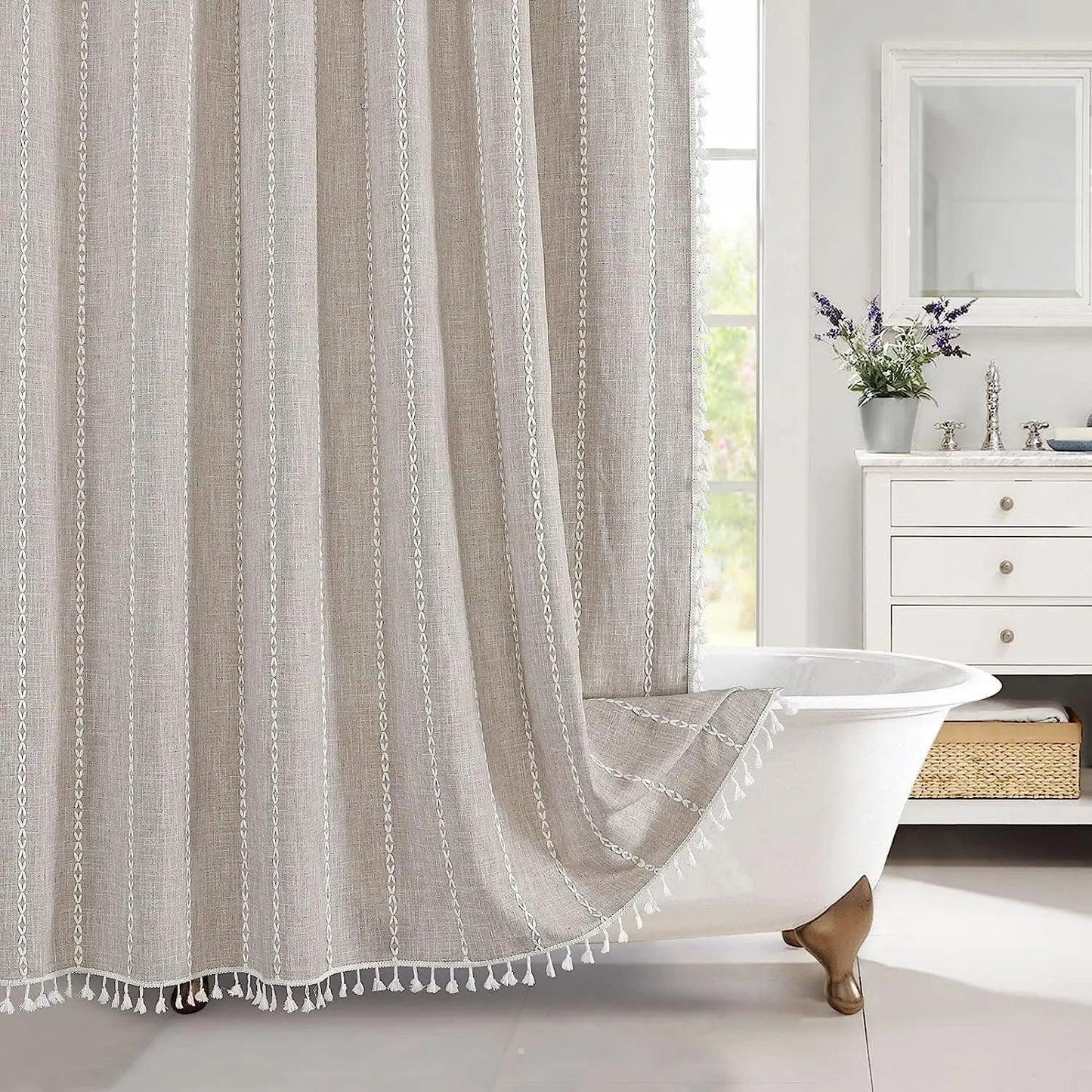 Bohemian Heavy Linen Shower Curtain with Tassel (1 pcs) │ For Modern Style Bathroom Decor - Besontique Home