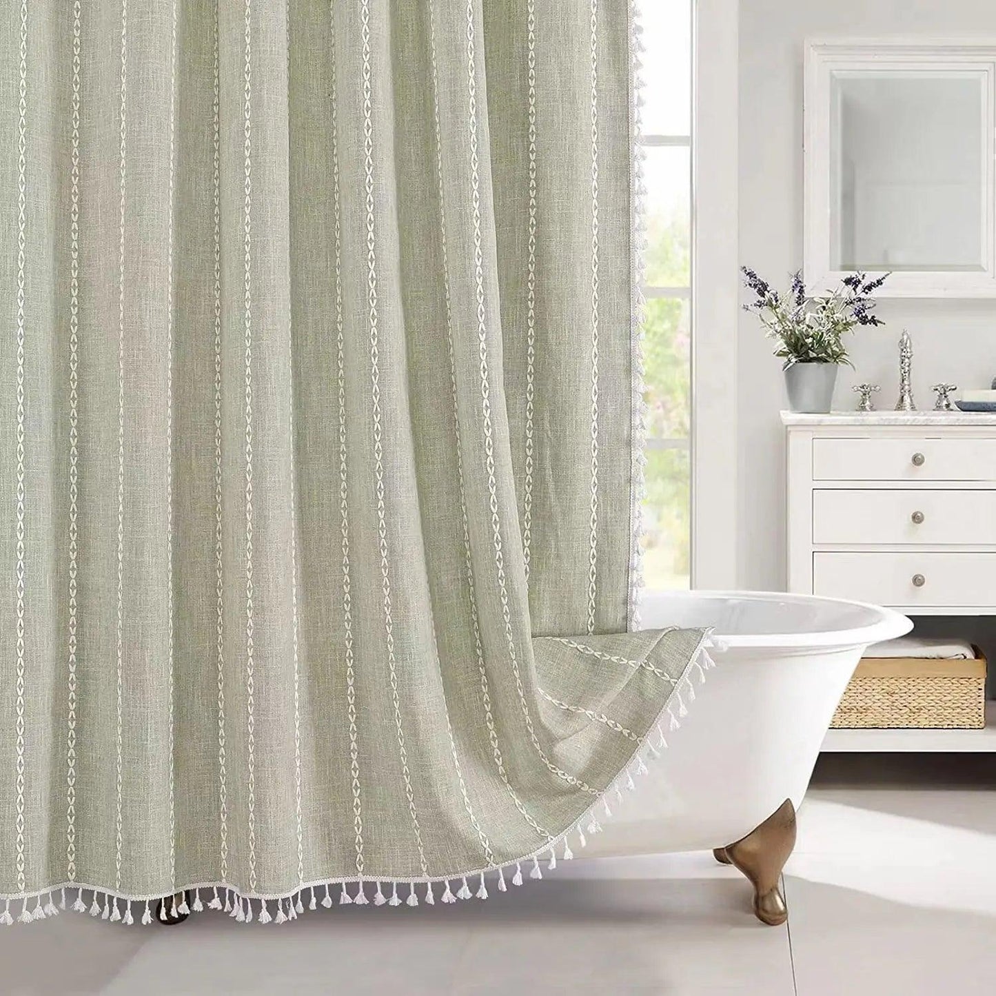 Bohemian Heavy Linen Shower Curtain with Tassel (1 pcs) │ For Modern Style Bathroom Decor - Besontique Home