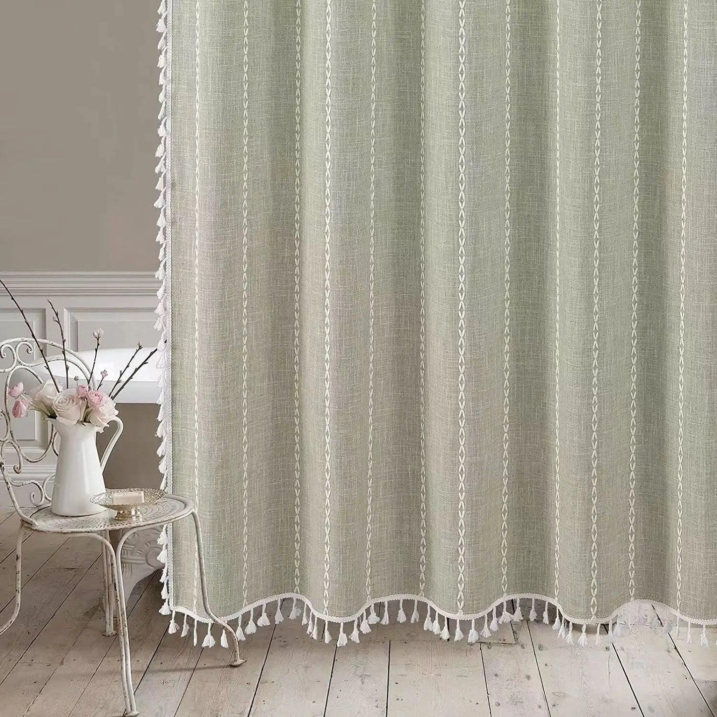 Bohemian Heavy Linen Shower Curtain with Tassel (1 pcs) │ For Modern Style Bathroom Decor - Besontique Home