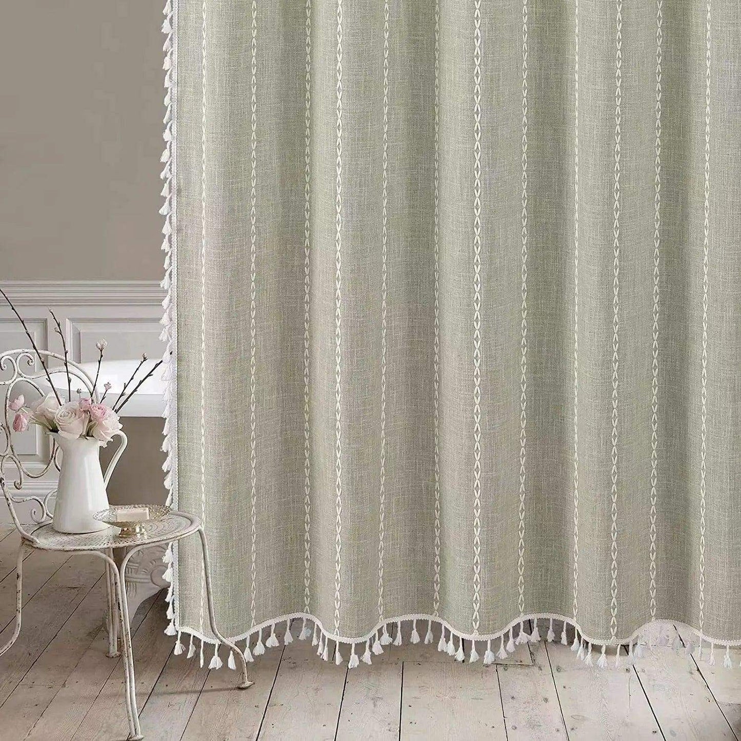Bohemian Heavy Linen Shower Curtain with Tassel (1 pcs) │ For Modern Style Bathroom Decor - Besontique Home