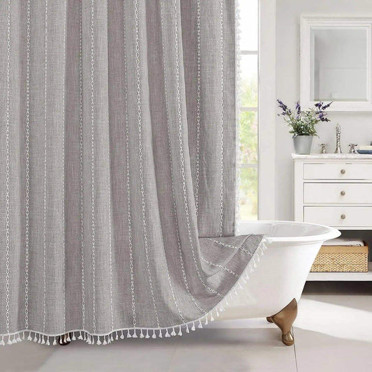 Bohemian Heavy Linen Shower Curtain with Tassel (1 pcs) │ For Modern Style Bathroom Decor - Besontique Home