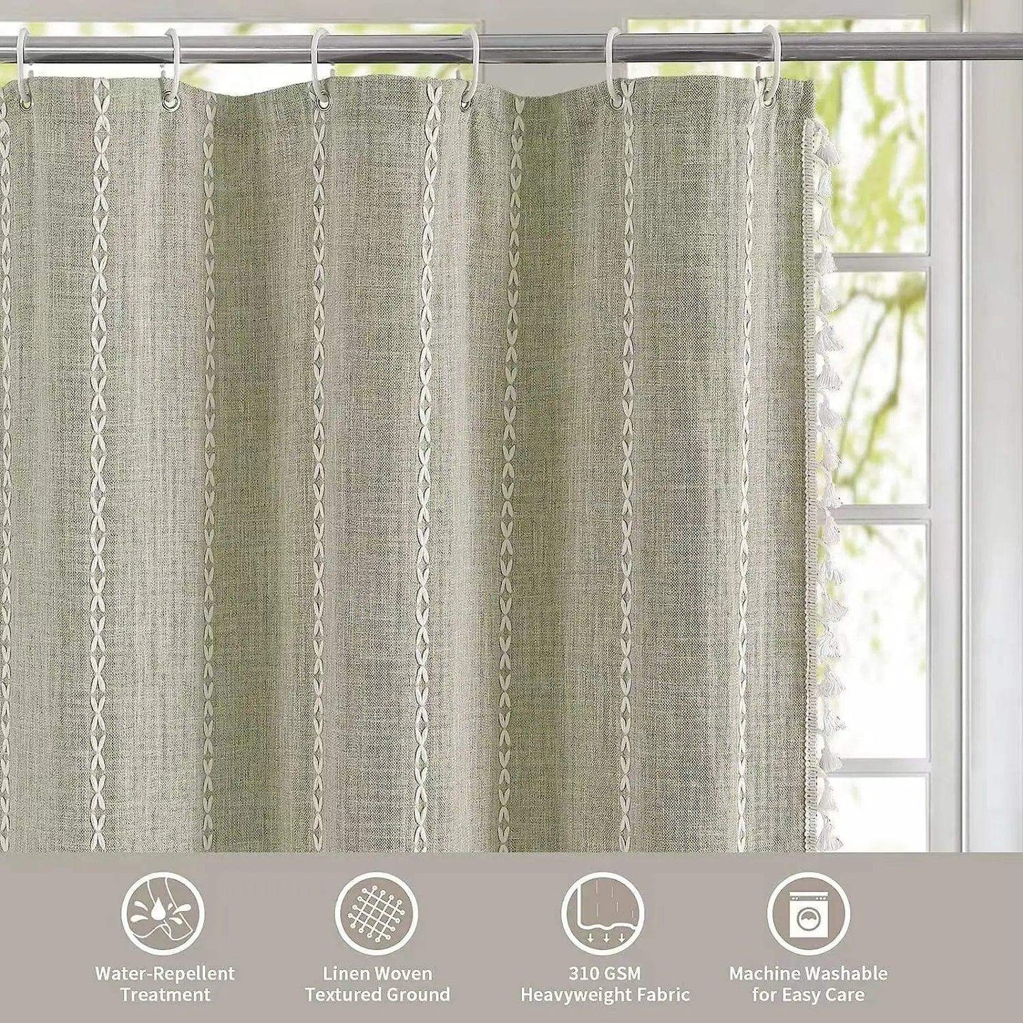 Bohemian Heavy Linen Shower Curtain with Tassel (1 pcs) │ For Modern Style Bathroom Decor - Besontique Home
