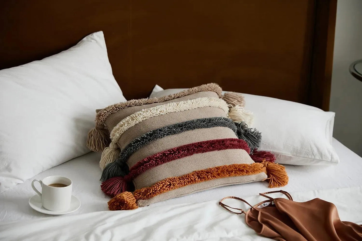 Bohemian Stripe Knitted Cushion Cover with Tassels │ Home Decor Tufted Throw Pillow Case - Besontique Home