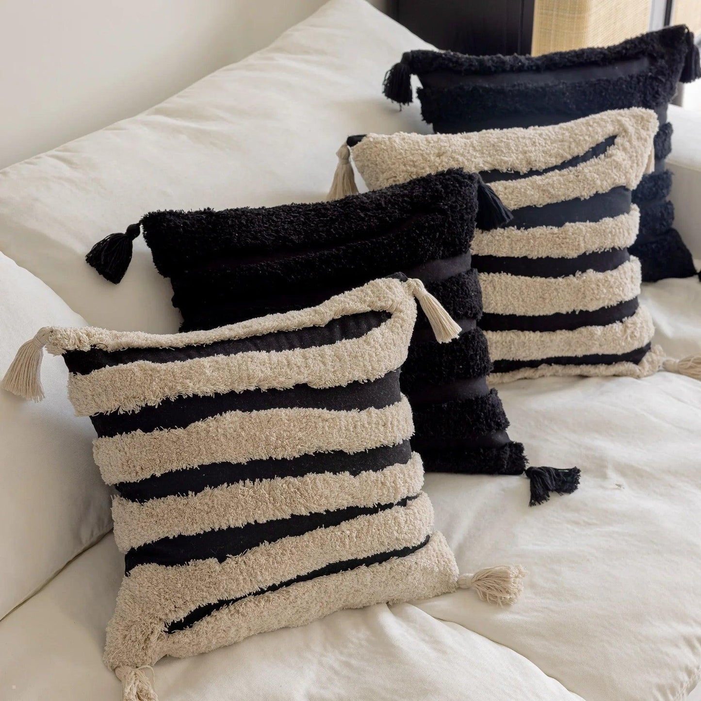 Boho Geometric Stripes Tufted Cushion Cover │ Beige Black Tassel Throw Pillow Covers Decorative Pillowcase │ For Bed Sofa Couch - Besontique Home