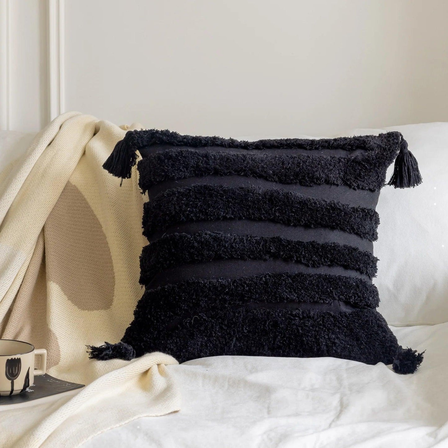 Boho Geometric Stripes Tufted Cushion Cover │ Beige Black Tassel Throw Pillow Covers Decorative Pillowcase │ For Bed Sofa Couch - Besontique Home
