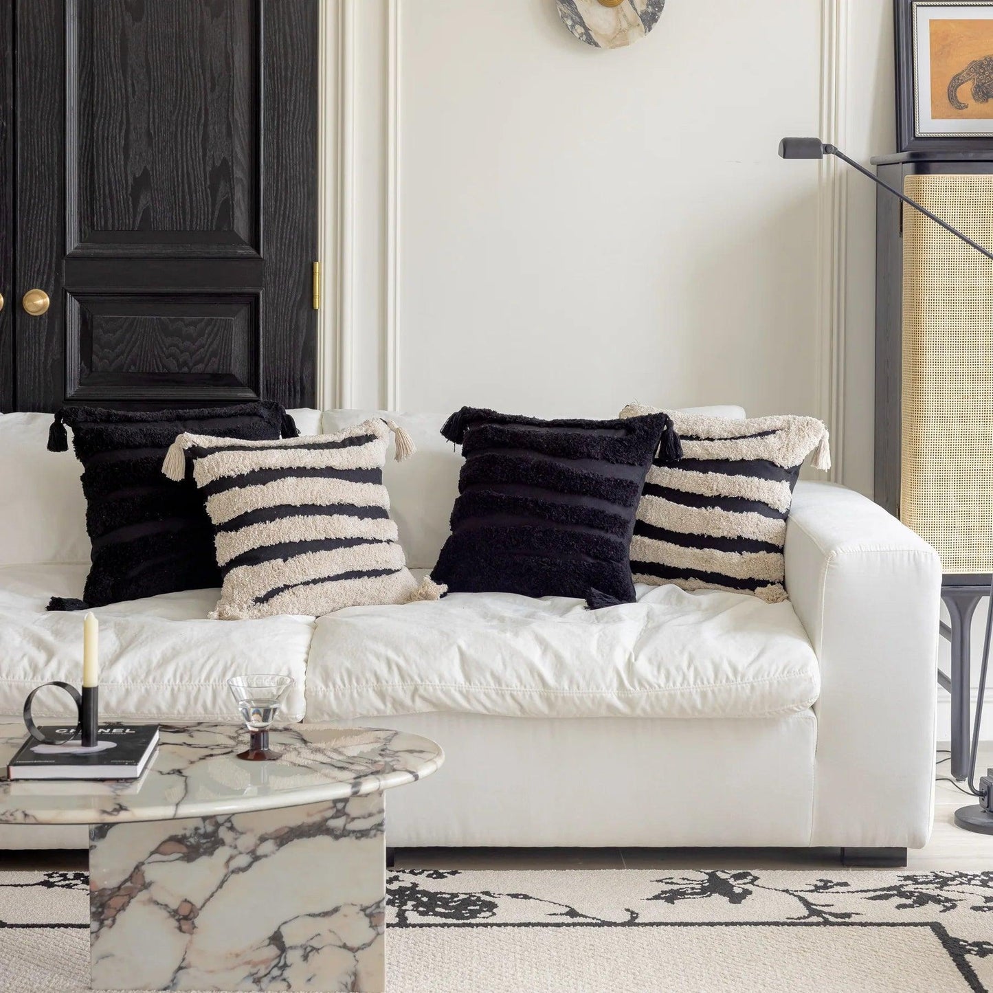 Boho Geometric Stripes Tufted Cushion Cover │ Beige Black Tassel Throw Pillow Covers Decorative Pillowcase │ For Bed Sofa Couch - Besontique Home