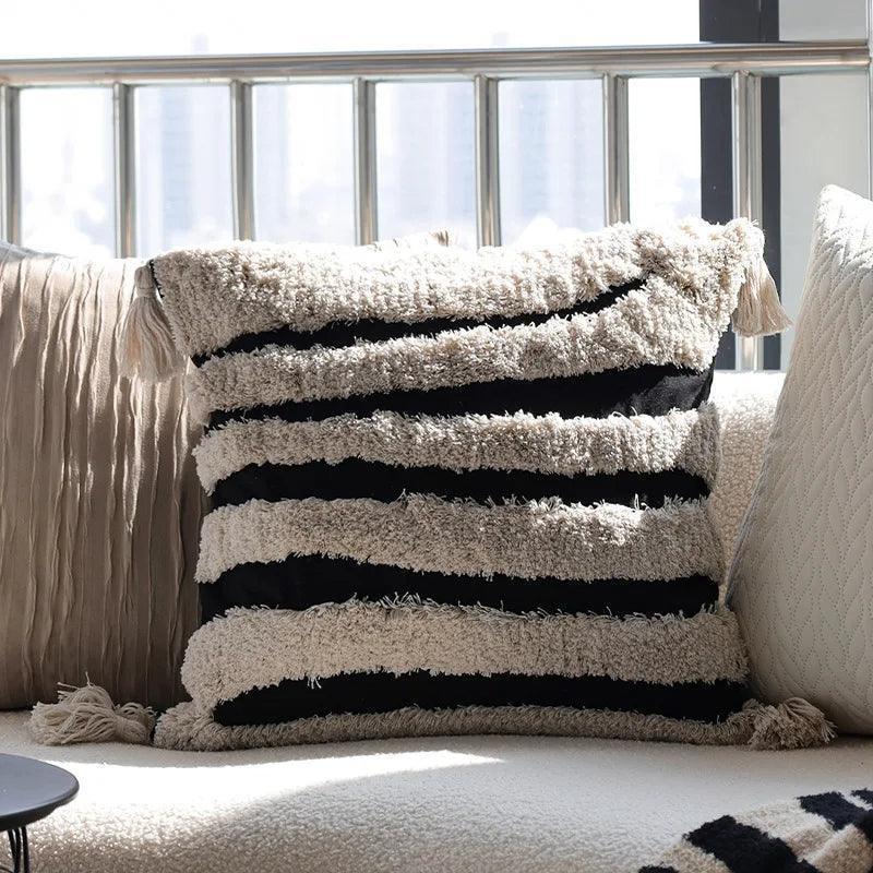 Boho Geometric Stripes Tufted Cushion Cover │ Beige Black Tassel Throw Pillow Covers Decorative Pillowcase │ For Bed Sofa Couch - Besontique Home