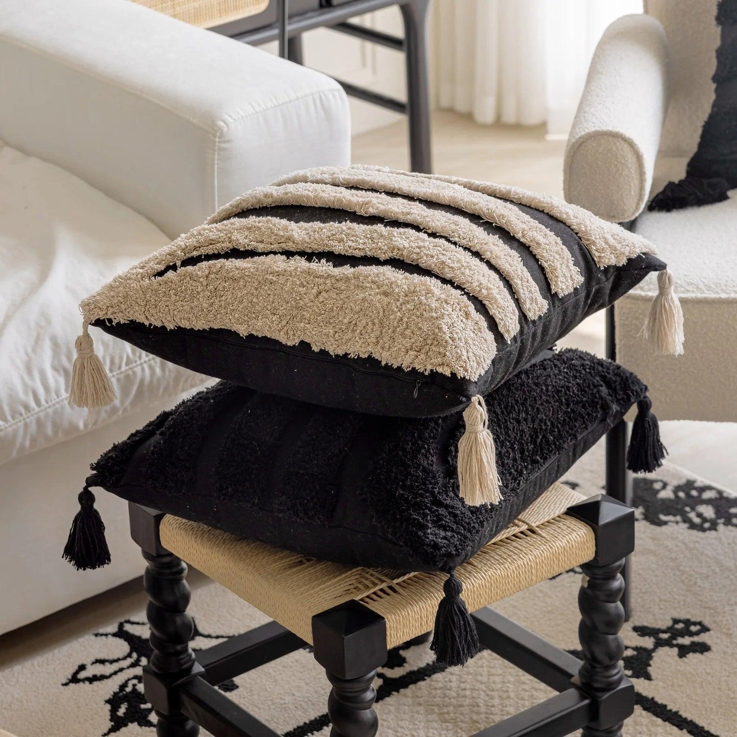 Boho Geometric Stripes Tufted Cushion Cover │ Beige Black Tassel Throw Pillow Covers Decorative Pillowcase │ For Bed Sofa Couch - Besontique Home