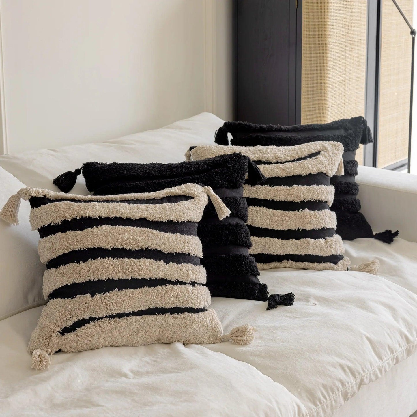 Boho Geometric Stripes Tufted Cushion Cover │ Beige Black Tassel Throw Pillow Covers Decorative Pillowcase │ For Bed Sofa Couch - Besontique Home