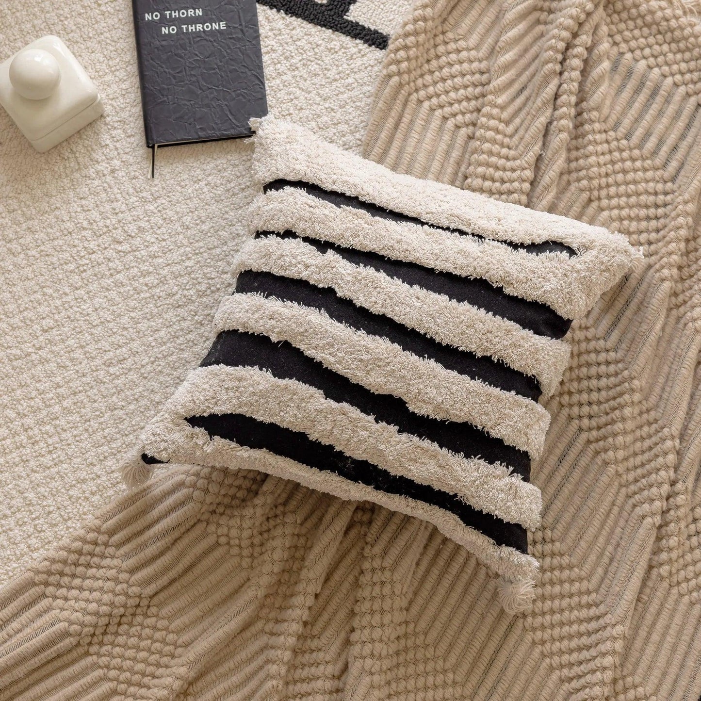 Boho Geometric Stripes Tufted Cushion Cover │ Beige Black Tassel Throw Pillow Covers Decorative Pillowcase │ For Bed Sofa Couch - Besontique Home