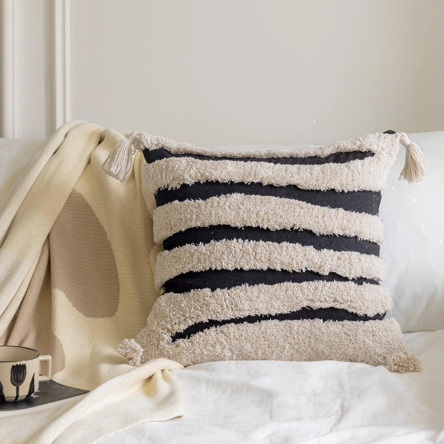 Boho Geometric Stripes Tufted Cushion Cover │ Beige Black Tassel Throw Pillow Covers Decorative Pillowcase │ For Bed Sofa Couch - Besontique Home
