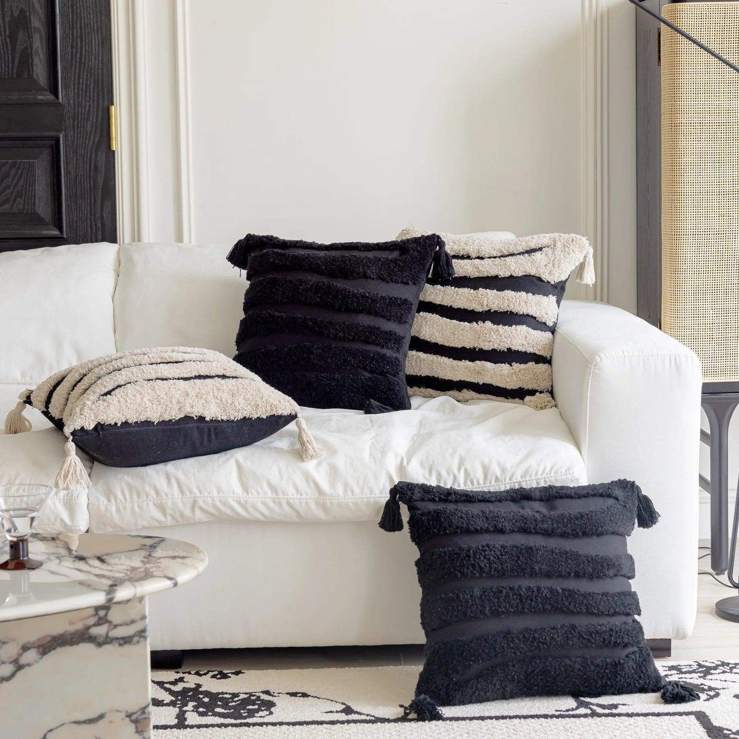 Boho Geometric Stripes Tufted Cushion Cover │ Beige Black Tassel Throw Pillow Covers Decorative Pillowcase │ For Bed Sofa Couch - Besontique Home