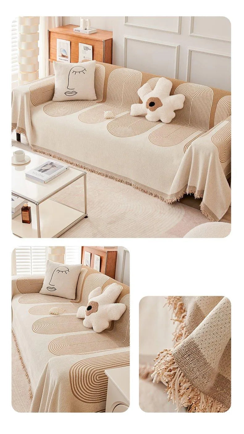 Boho Pattern Nordic Throw Blanket with Tassel │ Cotton Reversible Anti-cat Scratch Protection Sofa Cover - Besontique Home