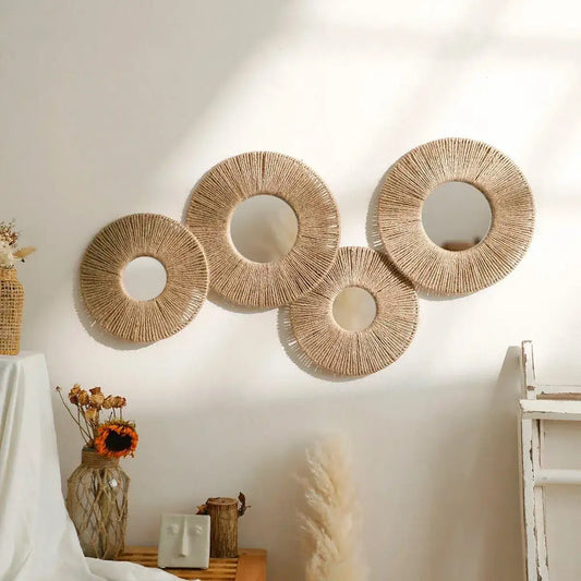 Boho Round Wall Hanging Decorative Mirrors with Woven Hemp Rope - Besontique Home