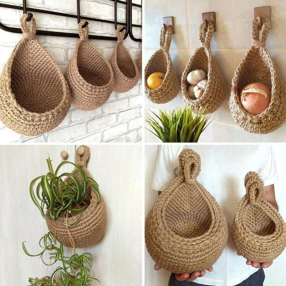 Boho Style Hand woven Wall Hanging Basket │ Jute Natural Wall Mounted Vegetable Fruit Storage Organizer - Besontique Home