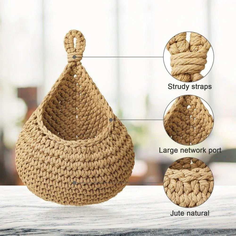 Boho Style Hand woven Wall Hanging Basket │ Jute Natural Wall Mounted Vegetable Fruit Storage Organizer - Besontique Home