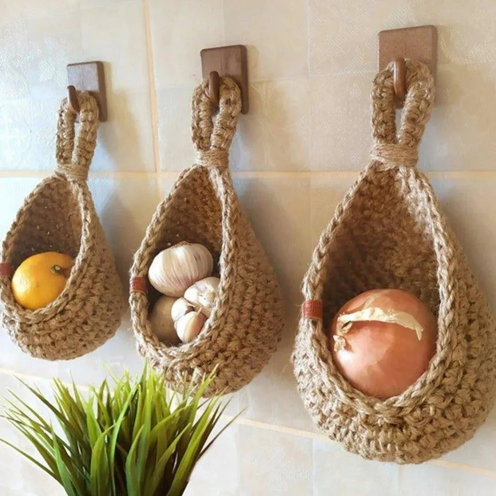 Boho Style Hand woven Wall Hanging Basket │ Jute Natural Wall Mounted Vegetable Fruit Storage Organizer - Besontique Home