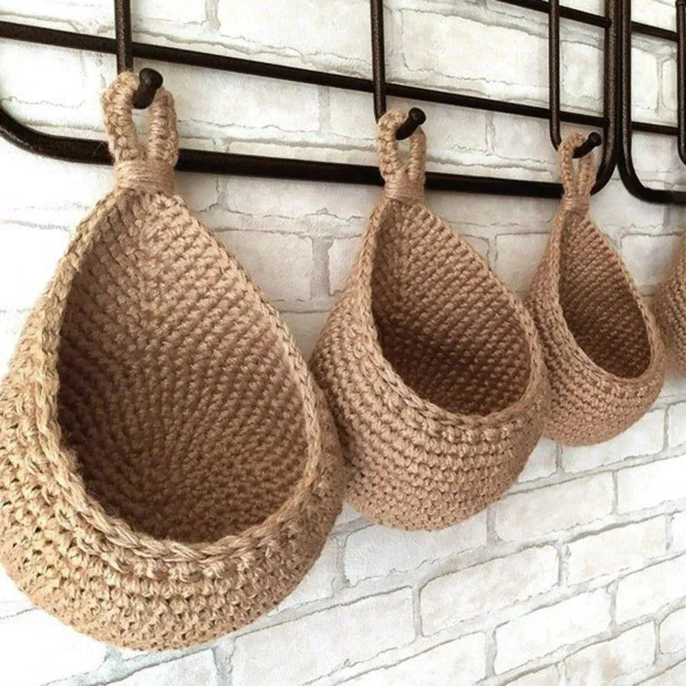 Boho Style Hand woven Wall Hanging Basket │ Jute Natural Wall Mounted Vegetable Fruit Storage Organizer - Besontique Home