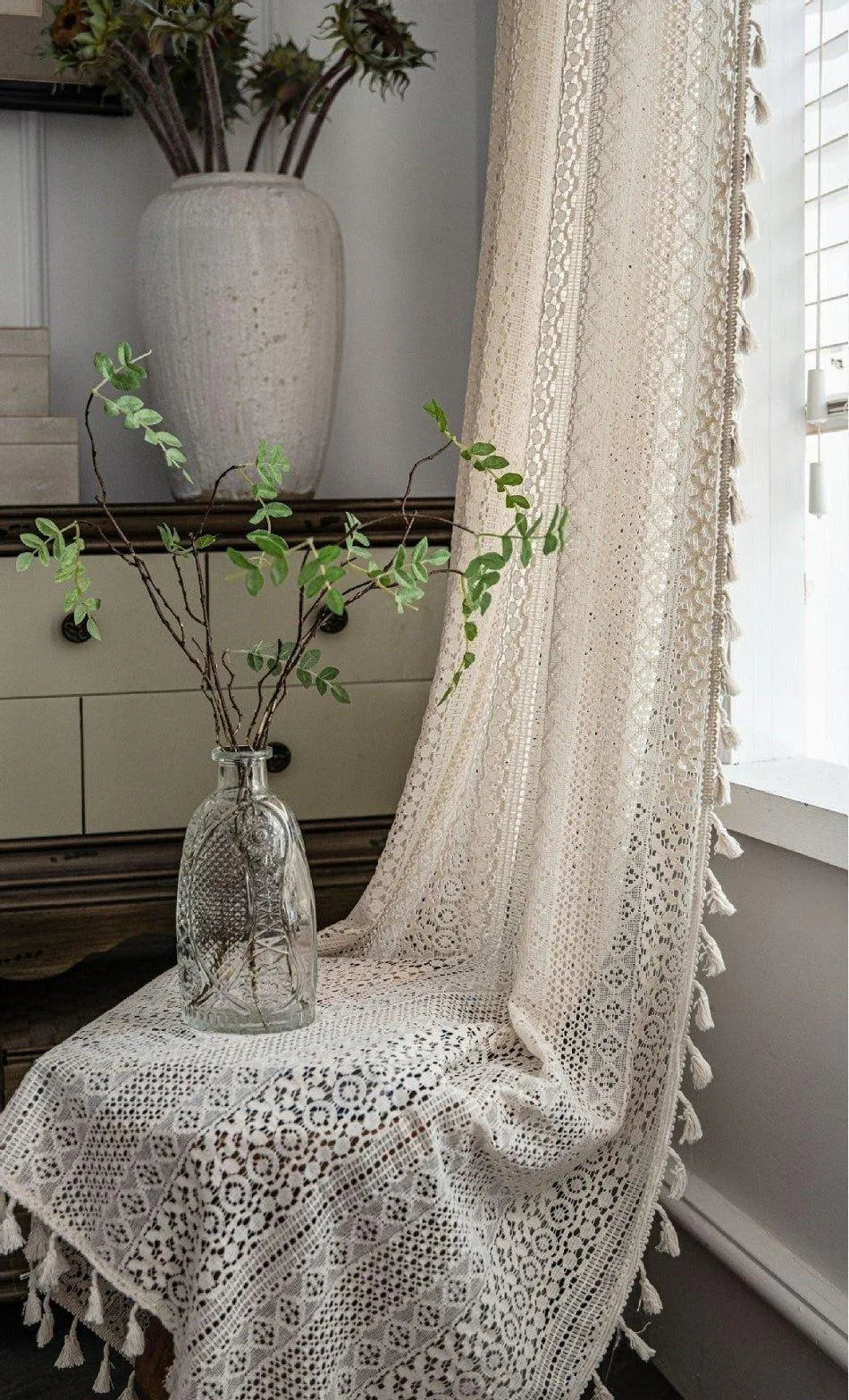 Boho Style Translucent Curtain │ Beige Woven Geometric Crochet Curtains - Besontique Home