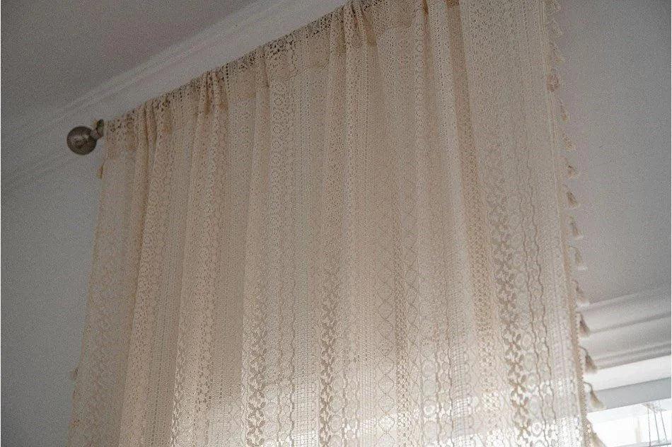 Boho Style Translucent Curtain │ Beige Woven Geometric Crochet Curtains - Besontique Home