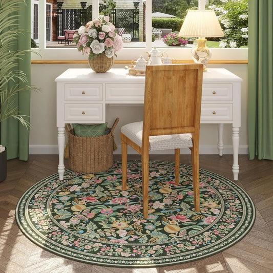 Boho Vintage Floral Round Rug | Non-Slip Decorative Floor Mat Carpet - Besontique Home