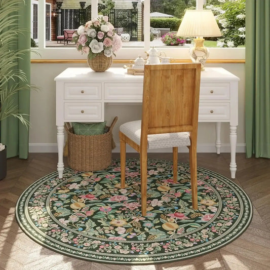 Boho Vintage Floral Round Rug | Non-Slip Decorative Floor Mat Carpet - Besontique Home