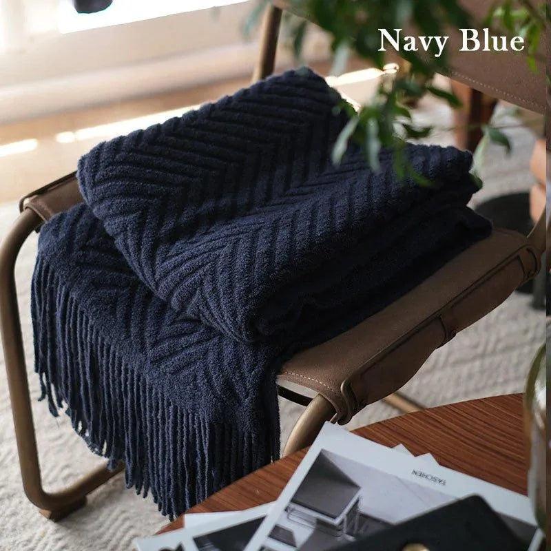 Boon Knitted Zig-Zag Textured Tweed Throw Blankets with Tassels - Besontique Home