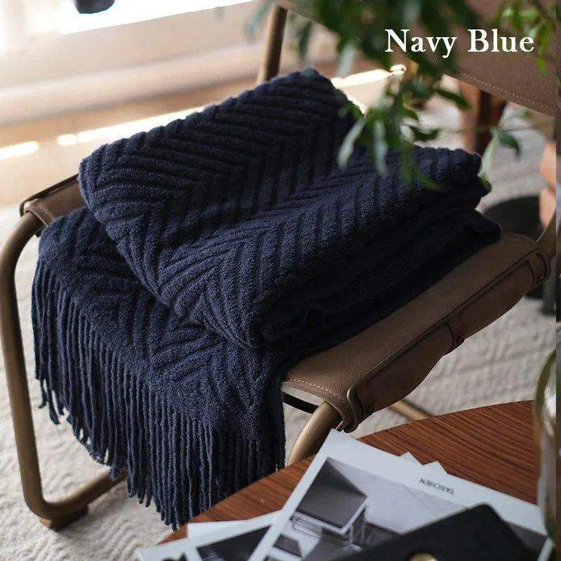 Boon Knitted Zig-Zag Textured Tweed Throw Blankets with Tassels - Besontique Home