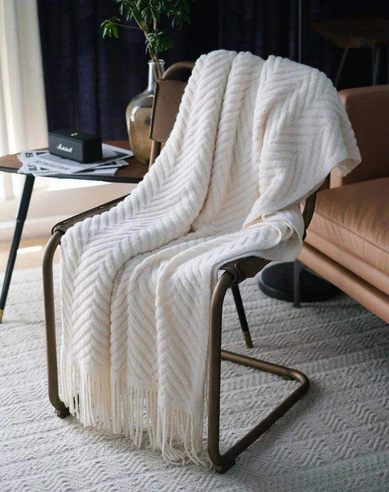 Boon Knitted Zig-Zag Textured Tweed Throw Blankets with Tassels - Besontique Home
