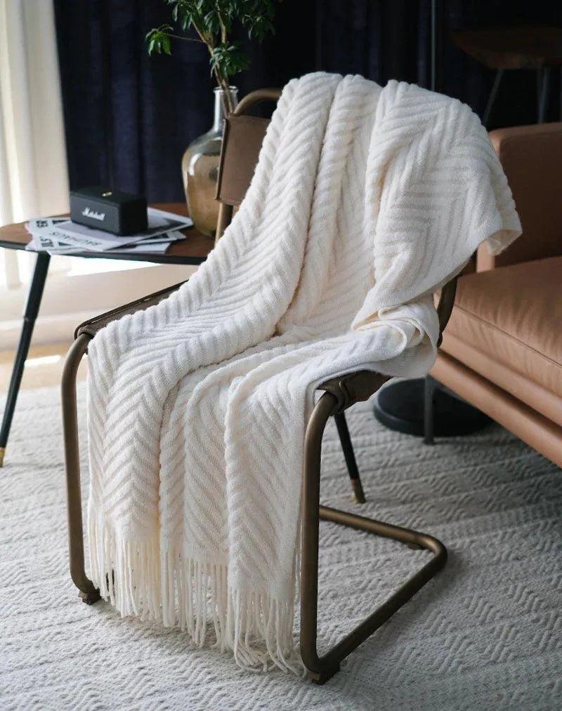 Boon Knitted Zig-Zag Textured Tweed Throw Blankets with Tassels - Besontique Home