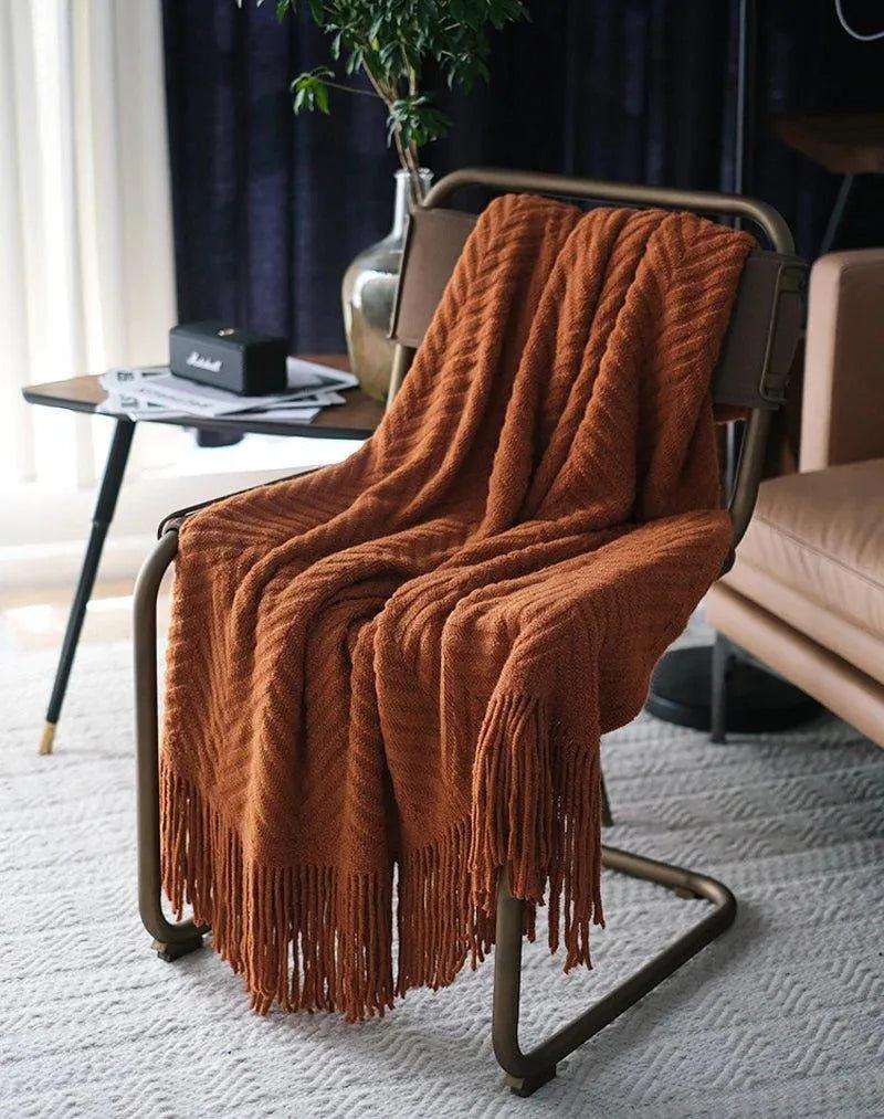 Boon Knitted Zig-Zag Textured Tweed Throw Blankets with Tassels - Besontique Home
