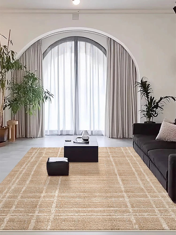 Brown Beige Line Plaid Large Area Carpet │ Minimal Soft Home Decorative Non-Slip Rug - Besontique Home